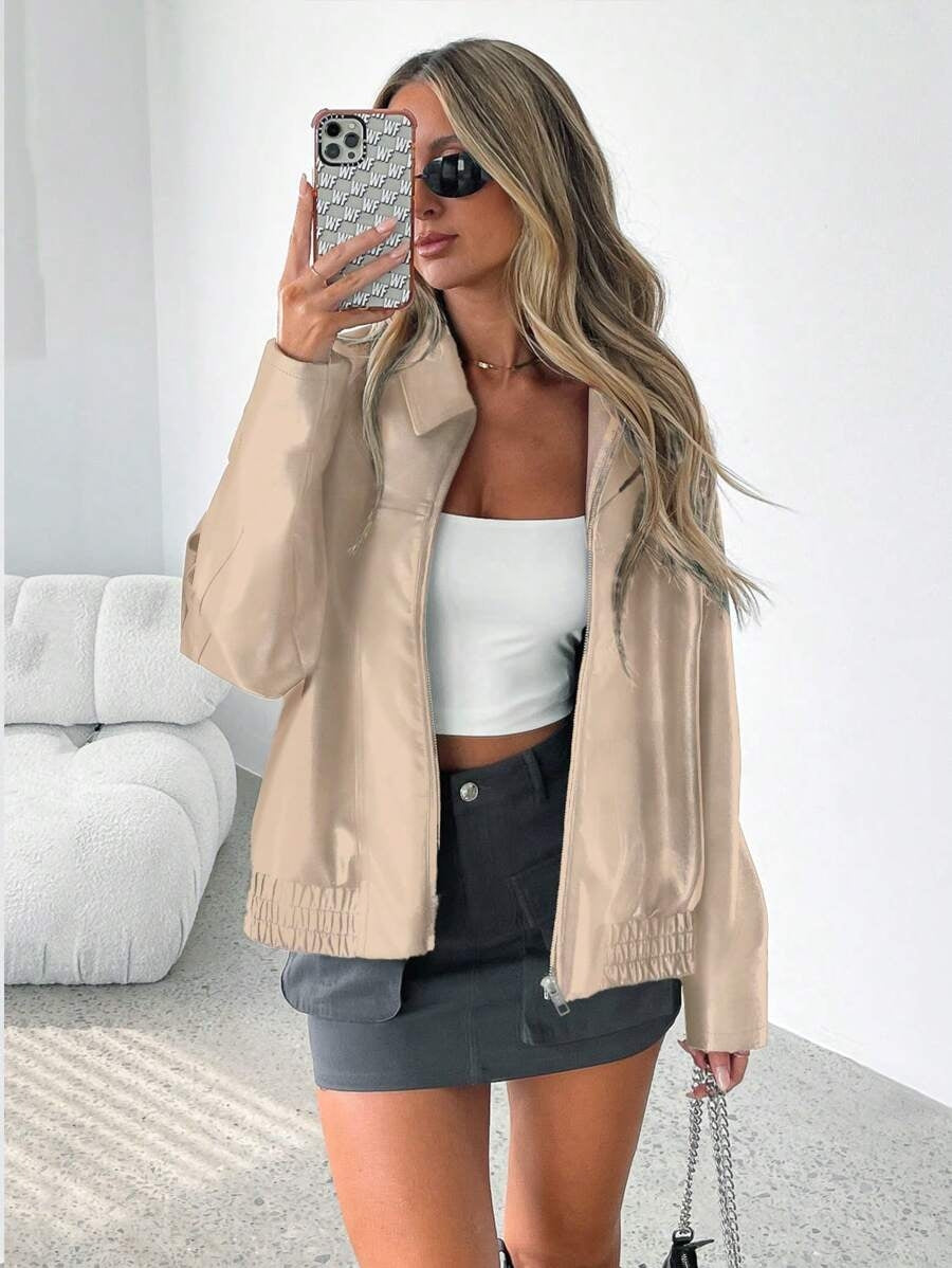 Women’s Faux Leather Jacket with Wide Collar – Oversized Elegant Outerwear