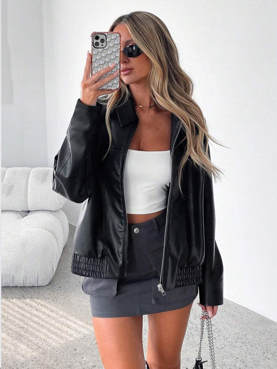 Women’s Faux Leather Jacket with Wide Collar – Oversized Elegant Outerwear