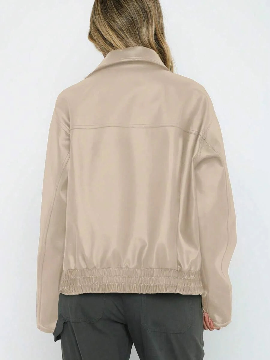 Women’s Faux Leather Jacket with Wide Collar – Oversized Elegant Outerwear