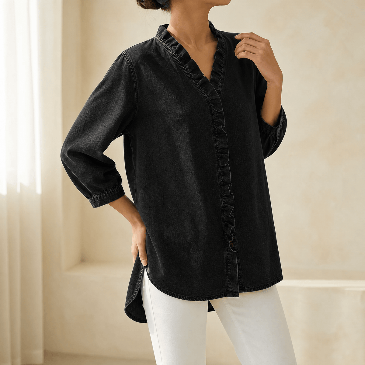 Vivara Ruffle V-Neck Denim Blouse - Soft and Feminine
