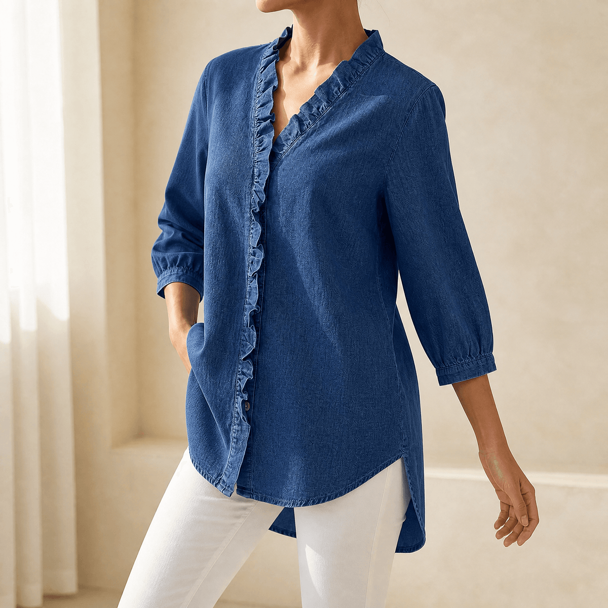 Vivara Ruffle V-Neck Denim Blouse - Soft and Feminine
